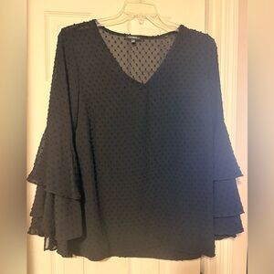 Women’s Lane Bryant Sz 14/16 Black Swiss Dot Ruffle Bell Sleeve Blouse Shirt